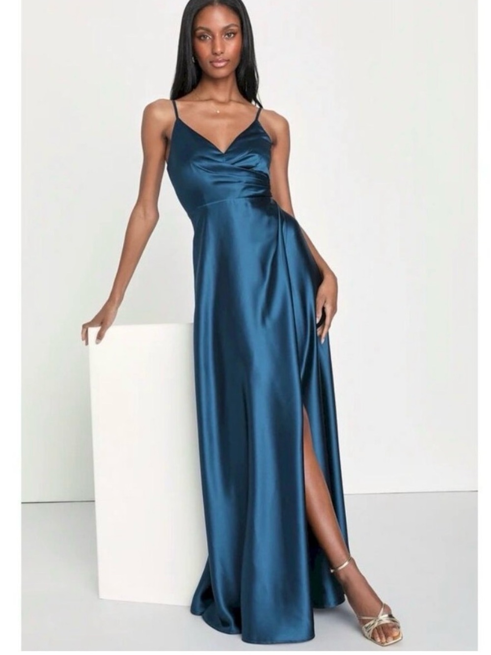 Lulus Shades of Love Teal Blue Satin Faux-Wrap Maxi